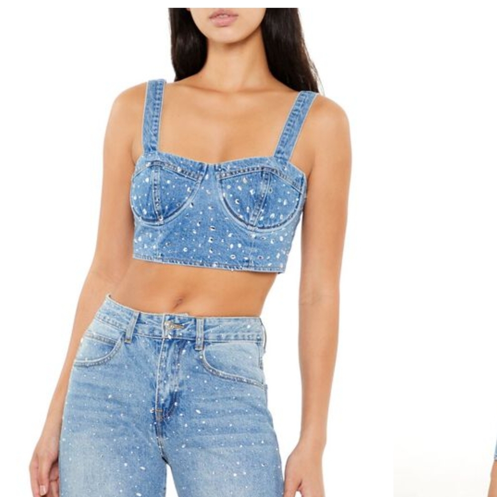 Rhinestone Denim Crop Top